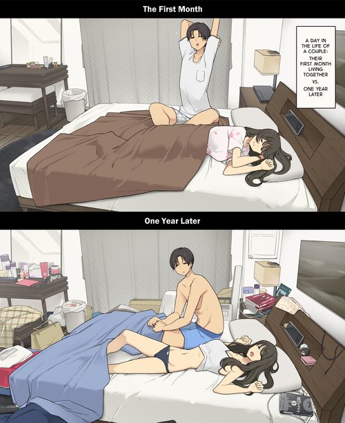 Dousei Seikatsu Ikkagetsume to Ichinen Ato, Asaokite kara Shuushin made no Hikaku | A Day in the Life of a Couple: Their First Month Living Together vs. One Year Later