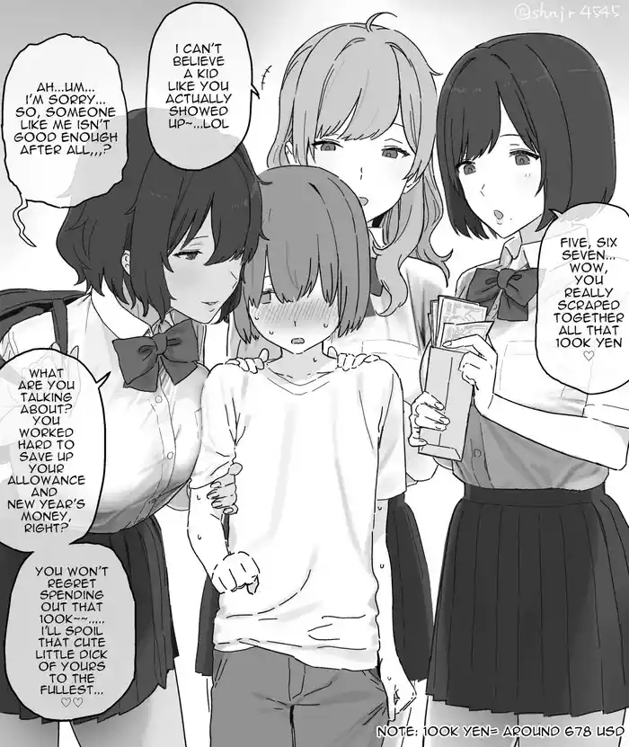 Isshoukenmei tameta okozukai juuman de enjo kousai o boshuu shitara gokuaku oneesan sannin ni me o tsukerarete shimai, tekitou ni shasei saserareta ageku sekkusu mo shite nai noni juuman zengaku fundakureru kawaisou na o